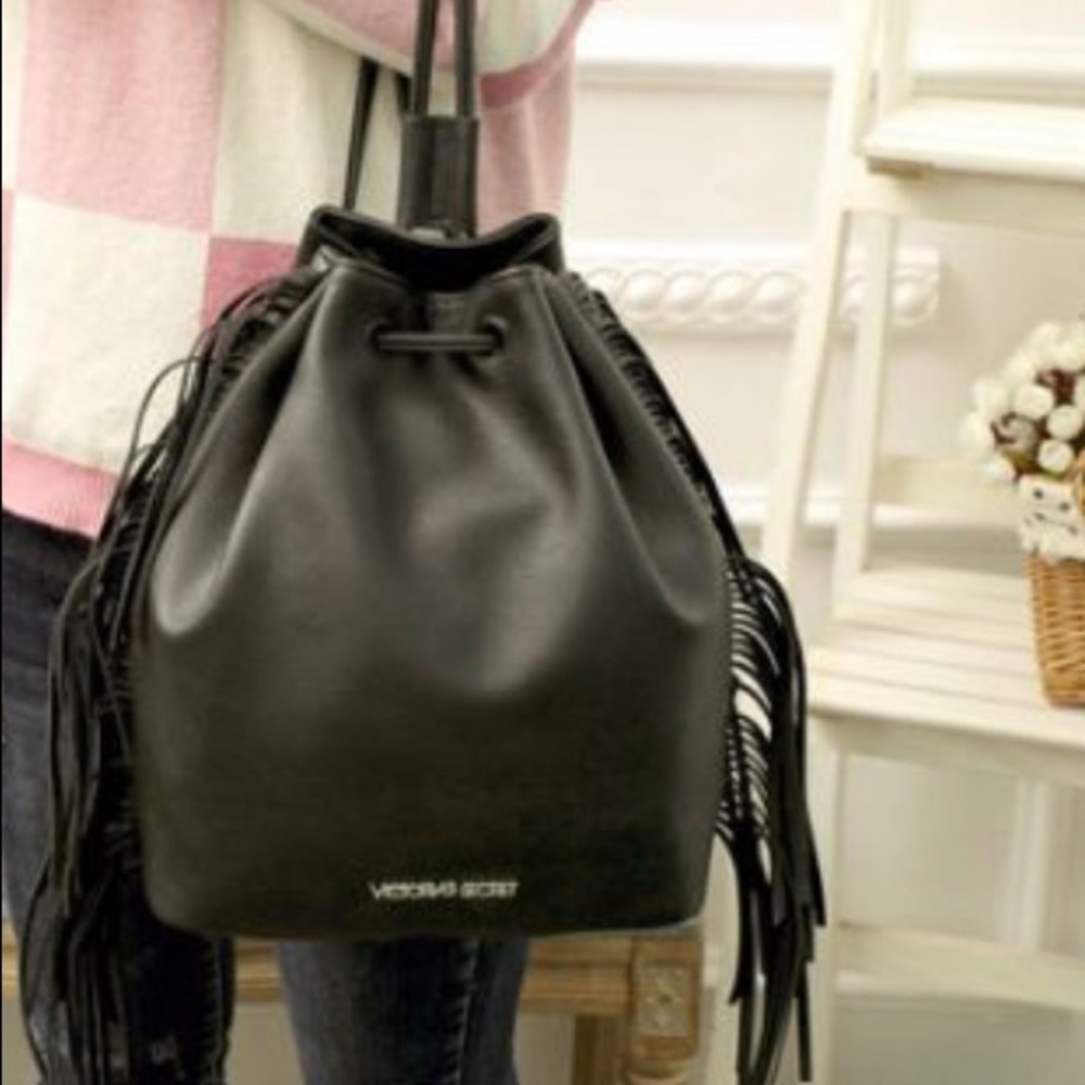 NEW Victoria's Secret fringe black drawstring‎ bag